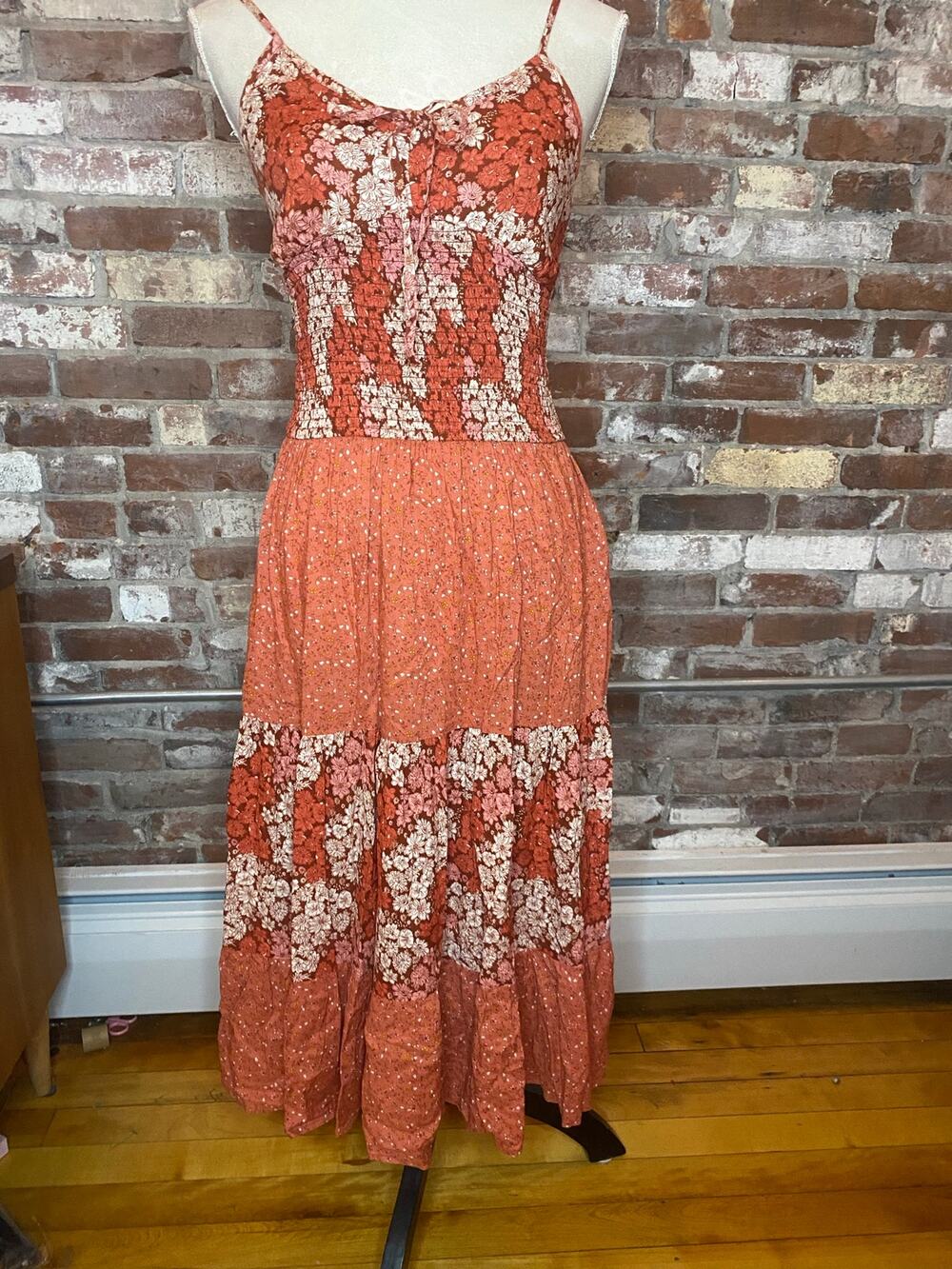 BOG Collective Floral Tiered Smocked Midi Maxi Dress Terracotta Rust Size S
